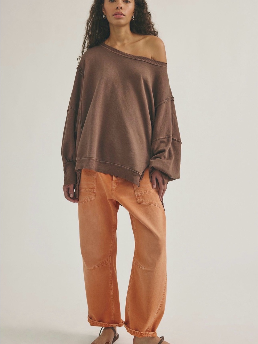 We The Free Brown Off-the-Shoulder Relaxed Knit Sweater - Picture 3 of 7